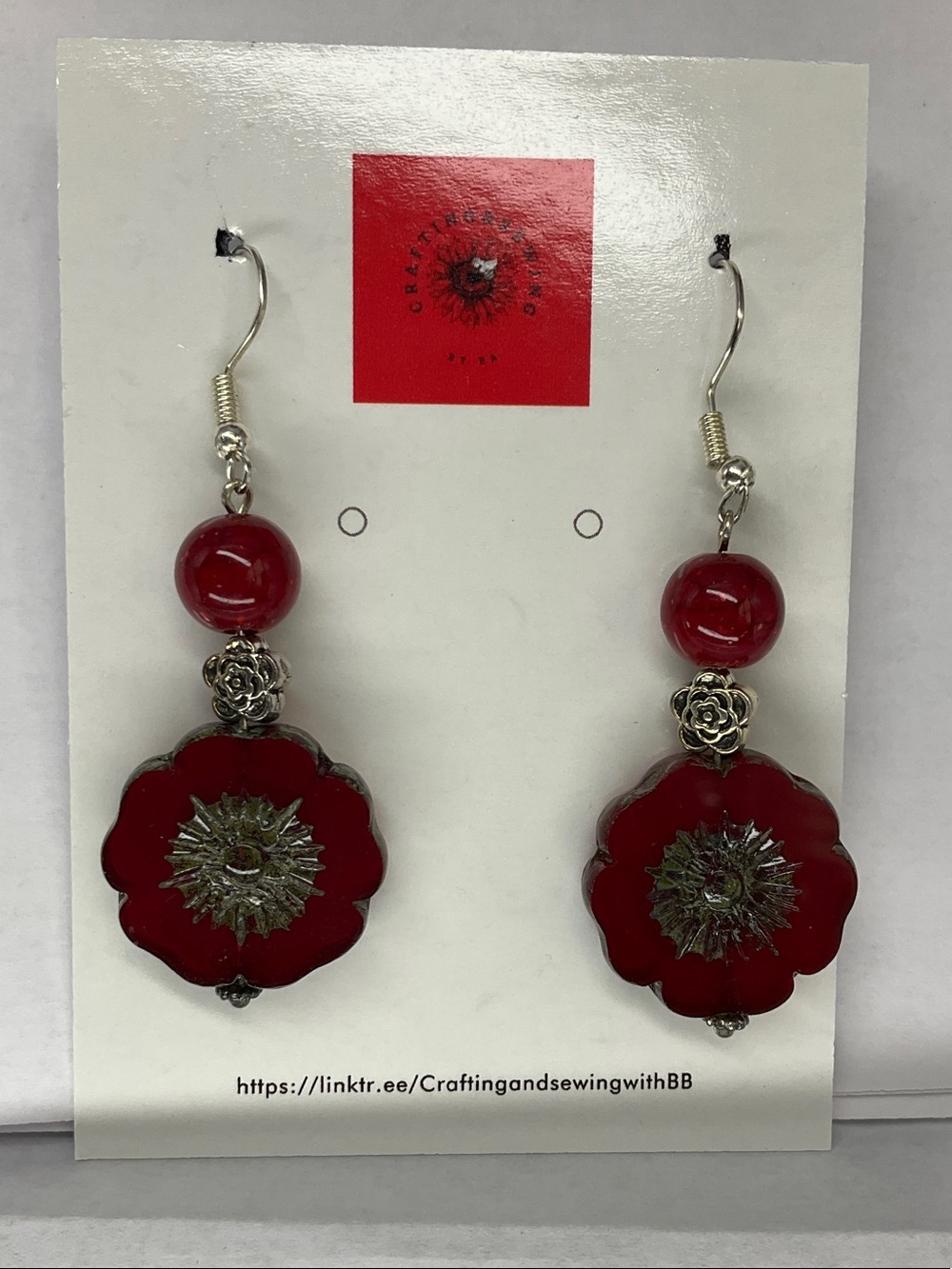 Handcrafted Red Czech Flower Drop Earrings